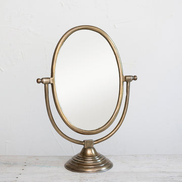 Vintage Aluminum Framed Mirror on Swivel Stand, Brass Finish
