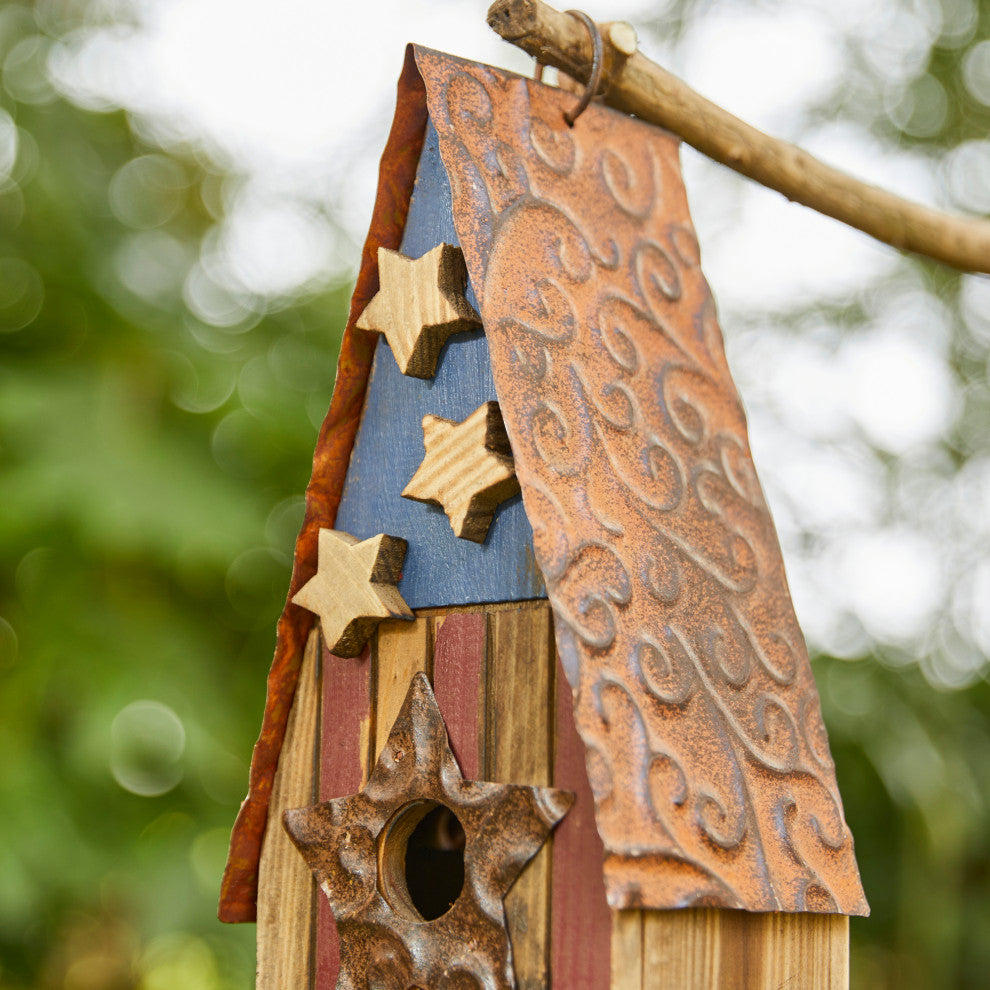 12.4" H USA Patriotic Theme Wooden Bluebird House Decorative Birdhouse