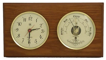 Quartz Clock and Barometer on Oak Wood With Brass Bezel
