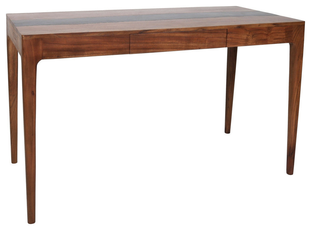 52 Inch Writing Desk, Natural Textured Acacia Wood, Burnished Brown