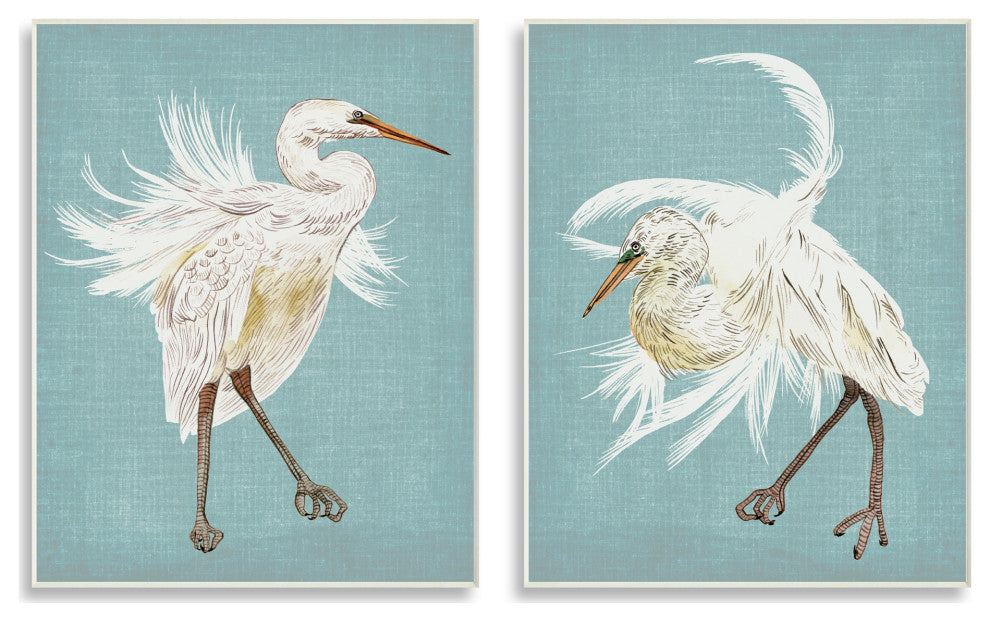 Dancing Heron Birds White Feathers over Blue,2pc, each 13 x 19