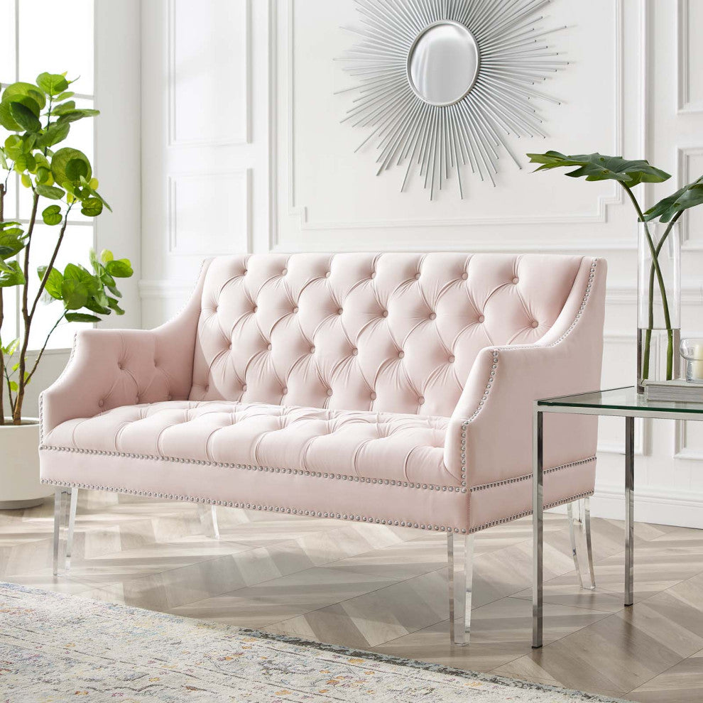 Tufted Loveseat Sofa, Velvet, Pink, Modern, Living Lounge Hotel Hospitality