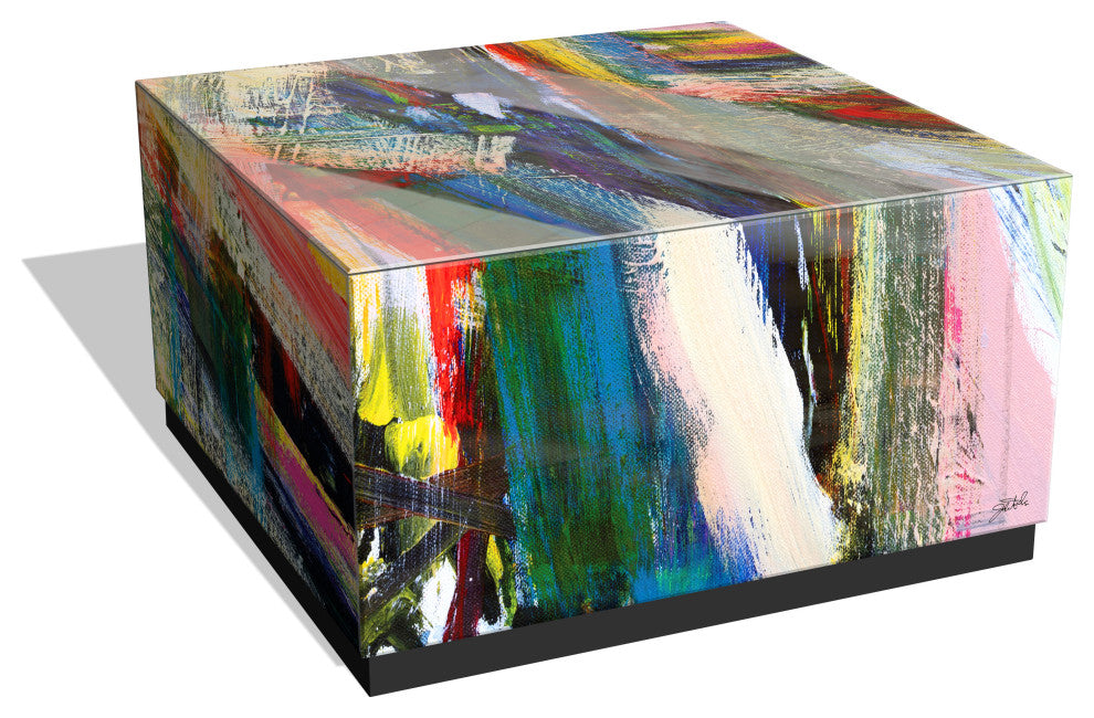 "Graffiti Rock Star I" Printed Glass Cocktail Table with Black Plinth Base