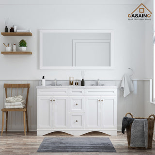 CASAINC 60" Marble Top Double Sink Bathroom Vanity with Mirror, White