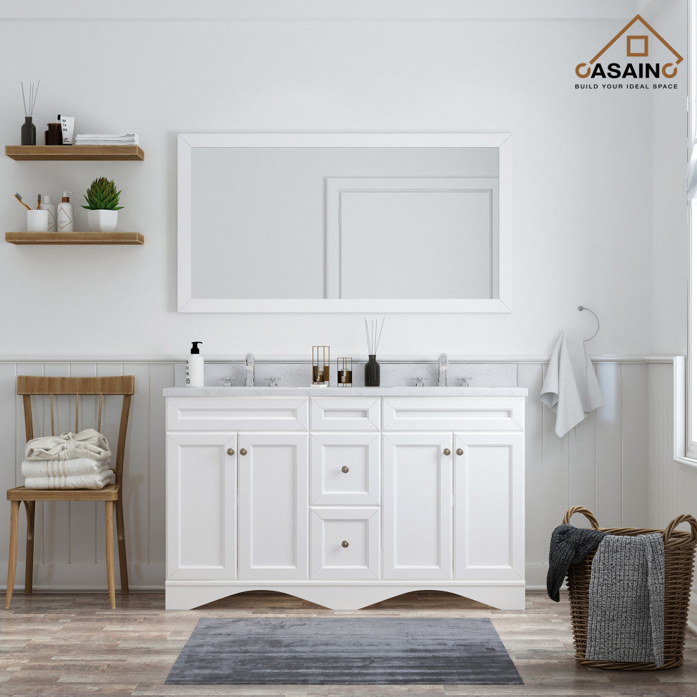 CASAINC 60" Marble Top Double Sink Bathroom Vanity with Mirror, White
