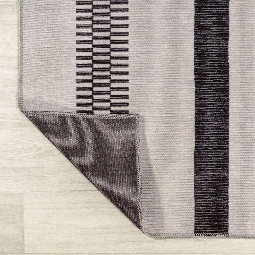 Vichy Geometric Striped Machine-Washable Area Rug, Cream/Black, 4x6