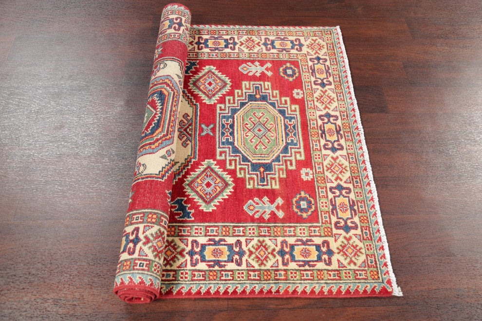 Kazak Oriental Traditional Hand Made Pakistani Area Rug, Red, 4'11"x3'5
