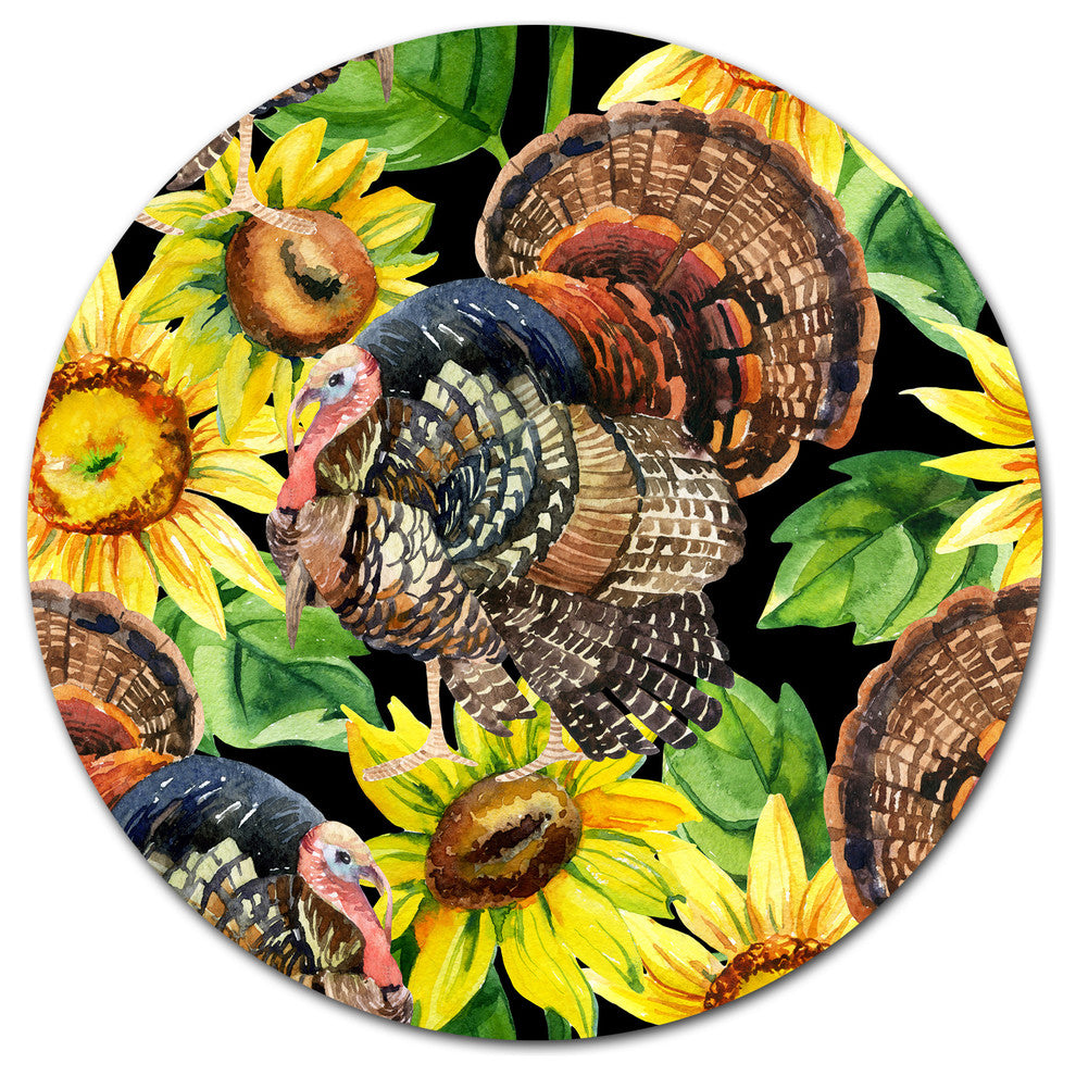 Turkey Bird With Sunflowers, Floral Wall Disc Metal Artwork, 23"