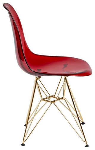 LeisureMod Cresco Plastic Dining Chair with Gold Base Set of 4 Transparent Red