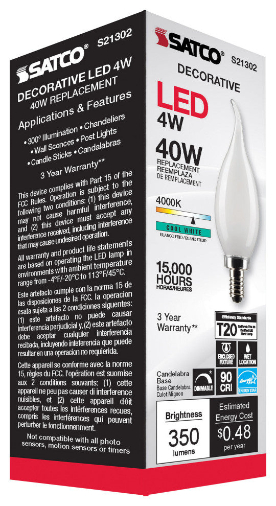 4W CA10 LED, Frost, Candelabra Base, 90 CRI, 4000K, 120V
