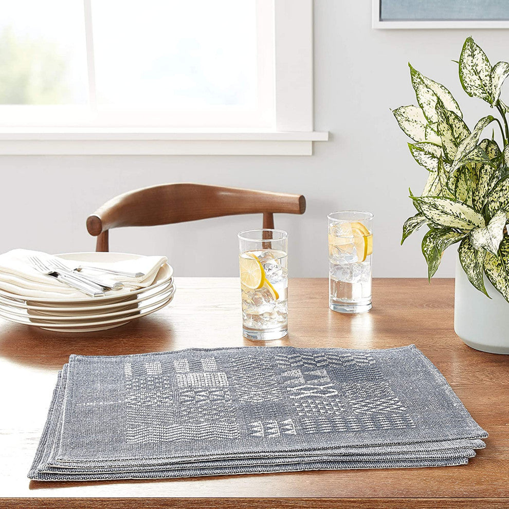 Artisan Hand Loomed Place Mat, Indigo Blocks, 14"x19", Set of 4