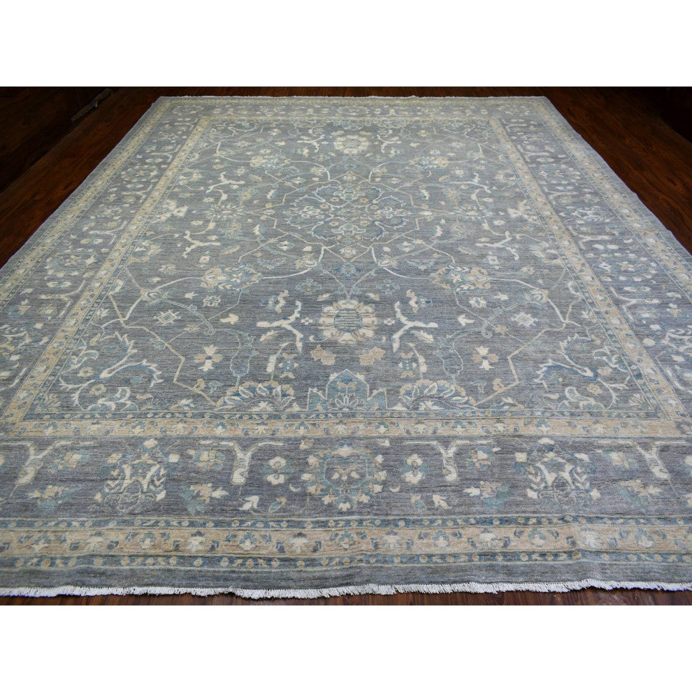 Light Gray, Fine Peshawar, Soft Wool Hand Knotted Oversized Rug, 12'0"x14'6"