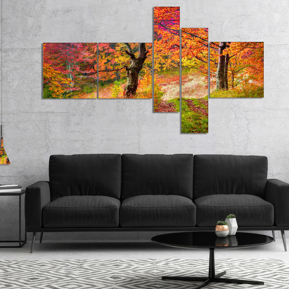 Bright Colorful Fall Trees in Forest, Landscape Canvas Print, 60"x32", 5 panels