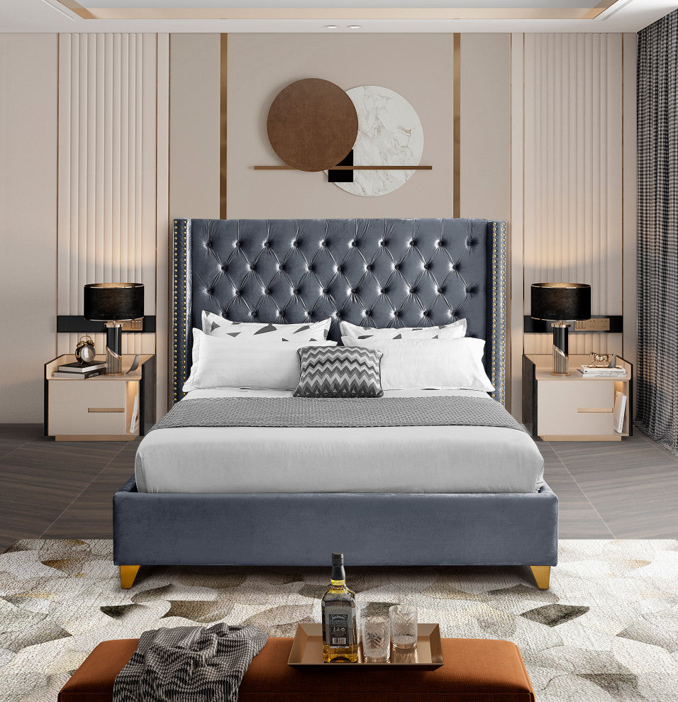 Barolo Velvet Upholstered Bed, Gray, Queen