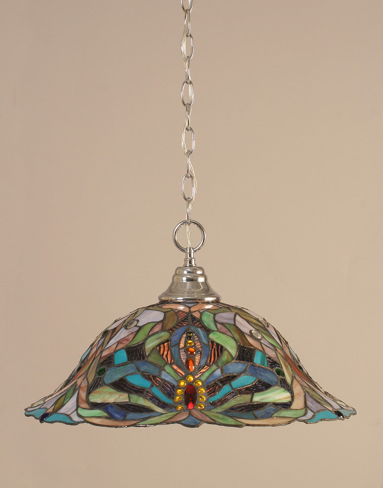 Chain Hung Pendant In Chrome, 19" Kaleidoscope Tiffany Glass