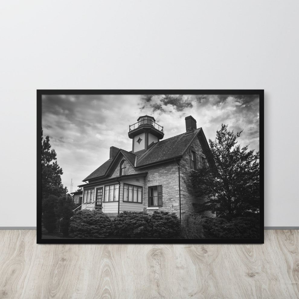 Cedar Point Lighthouse in Black and White Framed Photo Paper Wall Art Prints, Black, 24" X 36"