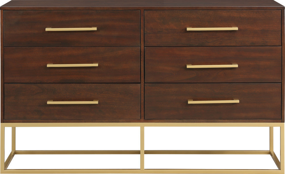 Maxine Wood Dresser With Durable Brushed Gold Metal Base, Dark Cherry Finish