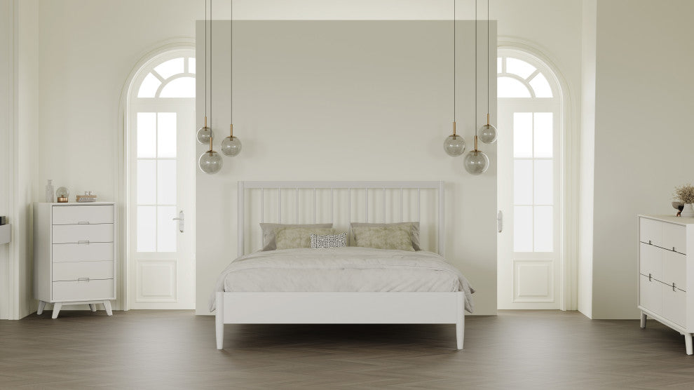 Modern Slatted Wood Headboard Platform Bed, White, Queen