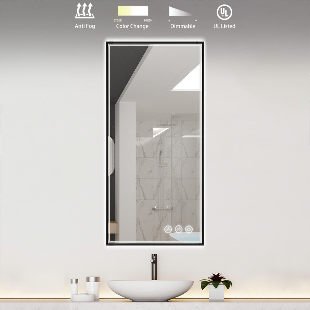 Fogless, Dimmable, Color Temperature Adjustable LED Mirror, Matte Black, 18x36