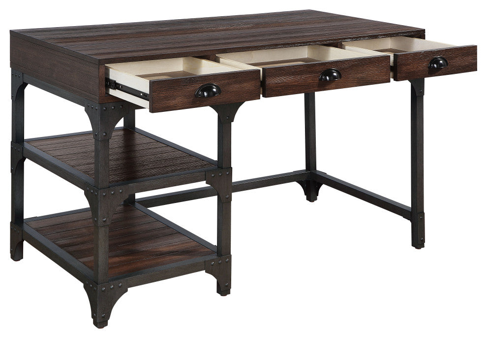 Acme Gorden Writing Desk Espresso Oak Finish and Antique Black Metal