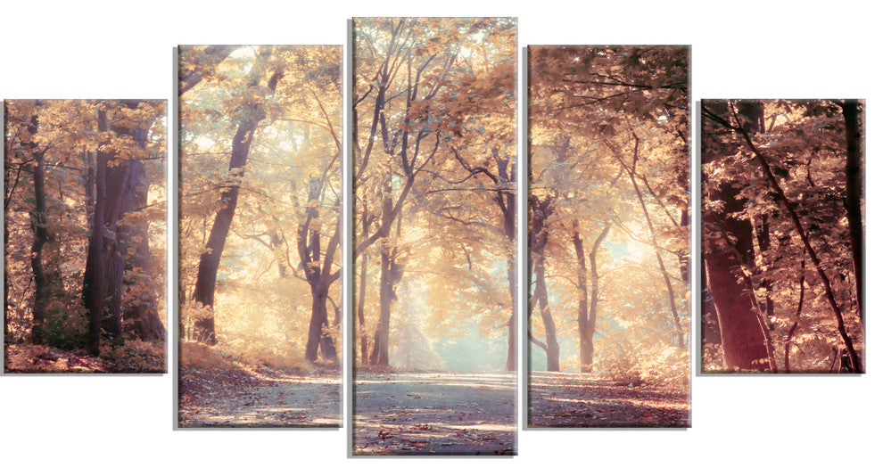 Golden Autumn Beautiful Forest, Landscape Canvas Art Print, 60"x32", 5 Panels