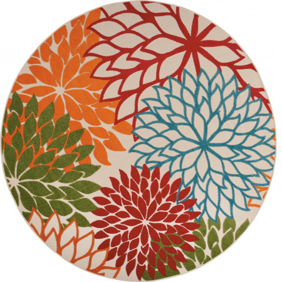 8' Round Green And Ivory Round Floral Indoor Outdoor Area Rug