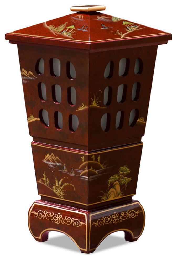 Red Lacquer Chinoiserie Scenery Oriental Pagoda Lantern