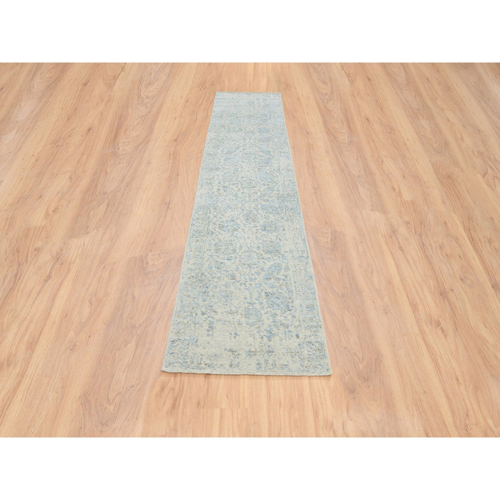 Gray, Tabriz Design, Wool and Silk Jacquard Hand Loomed Runner Rug, 2'7"x12'0"