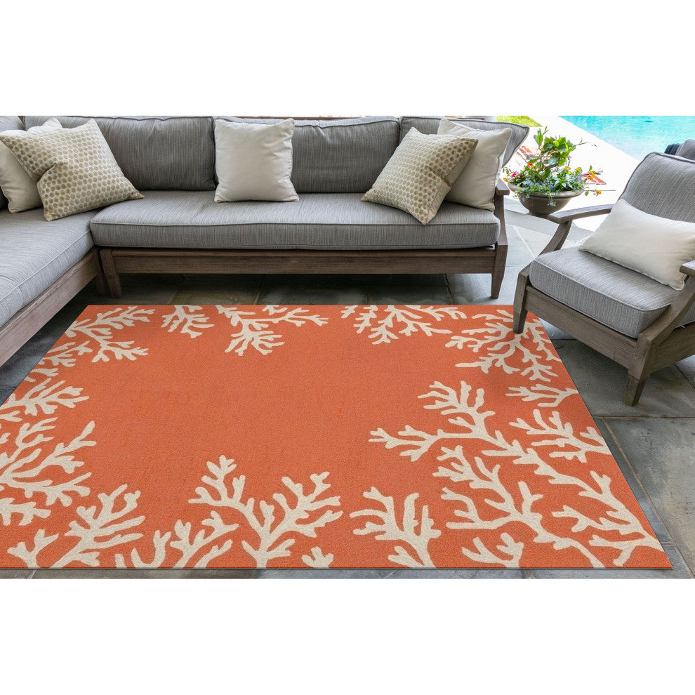 Capri Coral Border Indoor/Outdoor Rug, Coral, 5'x7'6"