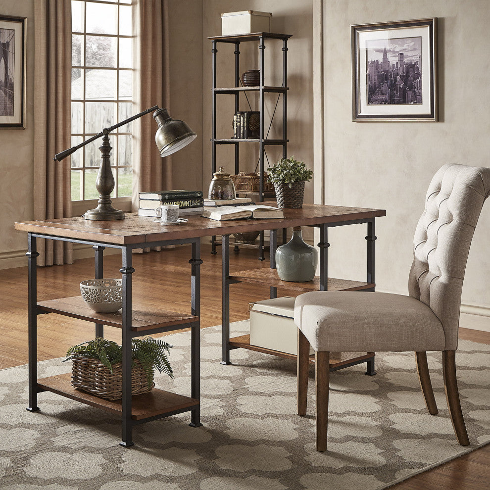 Industrial Desk, Black Sanded Metal Frame With Poplar Wood Top & Shelves, Oak