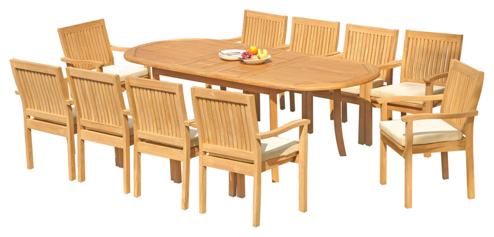 11-Piece Outdoor Teak Dining Set: 94" Oval Table, 10 Leveb Stacking Arm Chairs