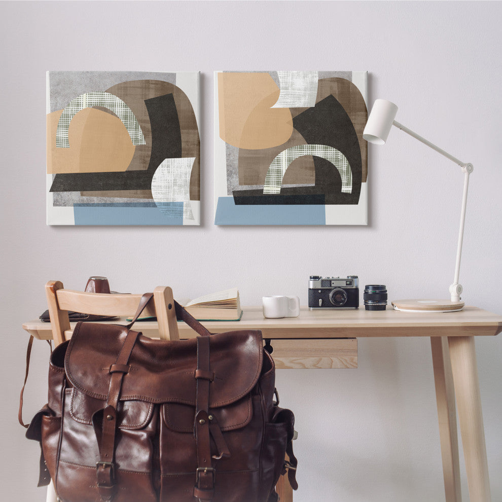 Abstract Shape Collage Modern Brown Grey Blue,2pc, each 24 x 24