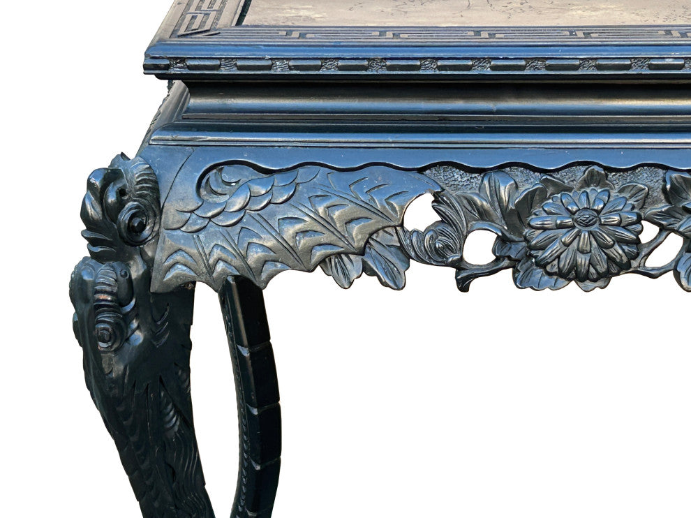 Vintage Chinese Black Relief Floral Carving Claw Legs Side Console Table Hws4812