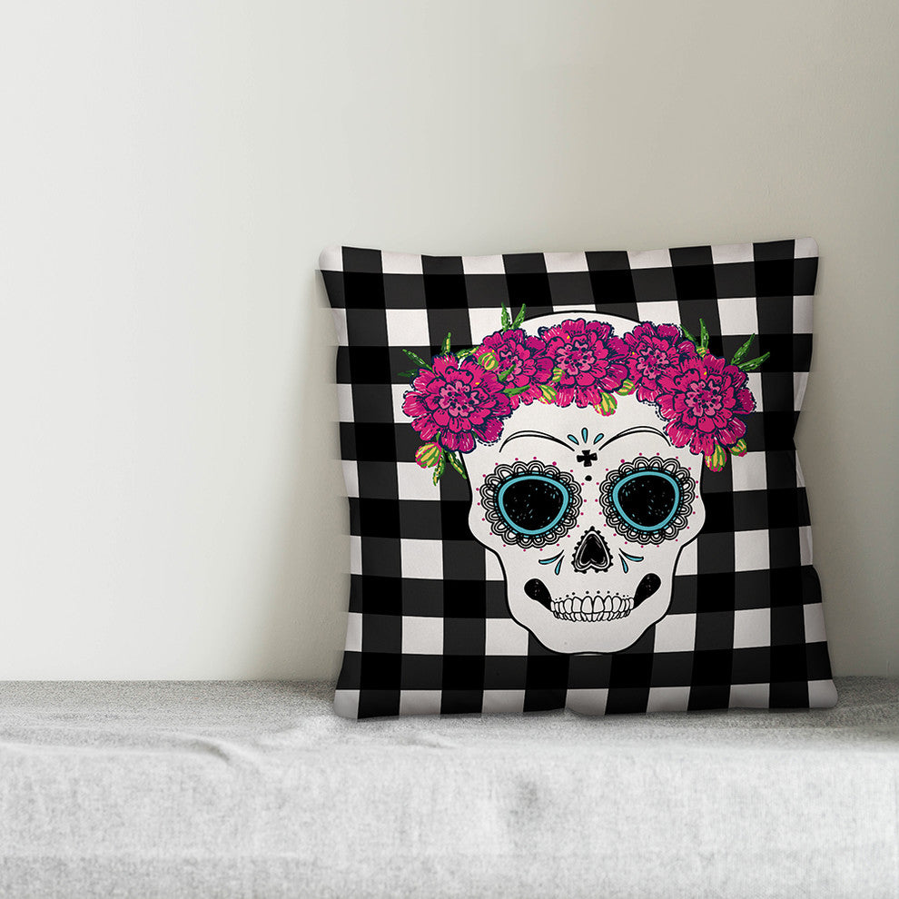 Sugar Skull Buffalo Check Throw Pillow