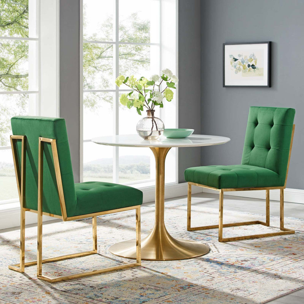 Side Dining Chair, Set of 2, Velvet, Metal, Gold Green, Cafe Bistro Restaurant
