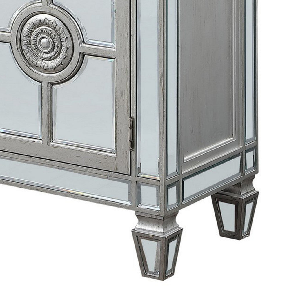 Benzara BM263898 Server With 6 Mirrored Drawers and 2 Single Doors, Silver
