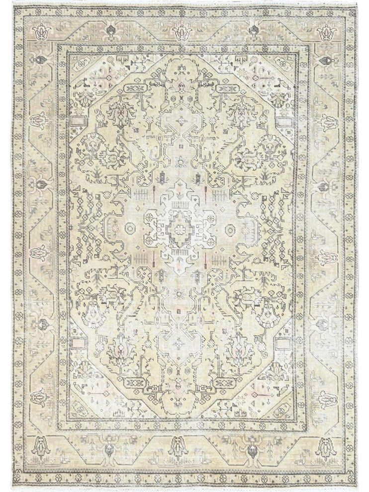 Worn Wool Hand Knotted Ivory Vintage White Wash Persian Tabriz Rug, 6'3" x 9'0"
