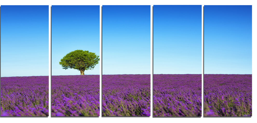 "Green Tree Among Lavender Flowers" Landscape Wall Art Print, 5 Panels, 60"x28"