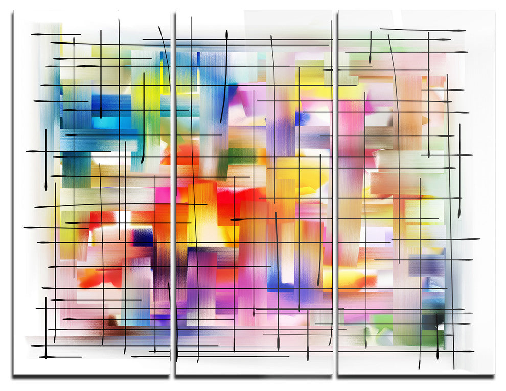 "Colorful Stain Design With Grid" Painting Metal Wall Art, 3 Panels, 36"x28"