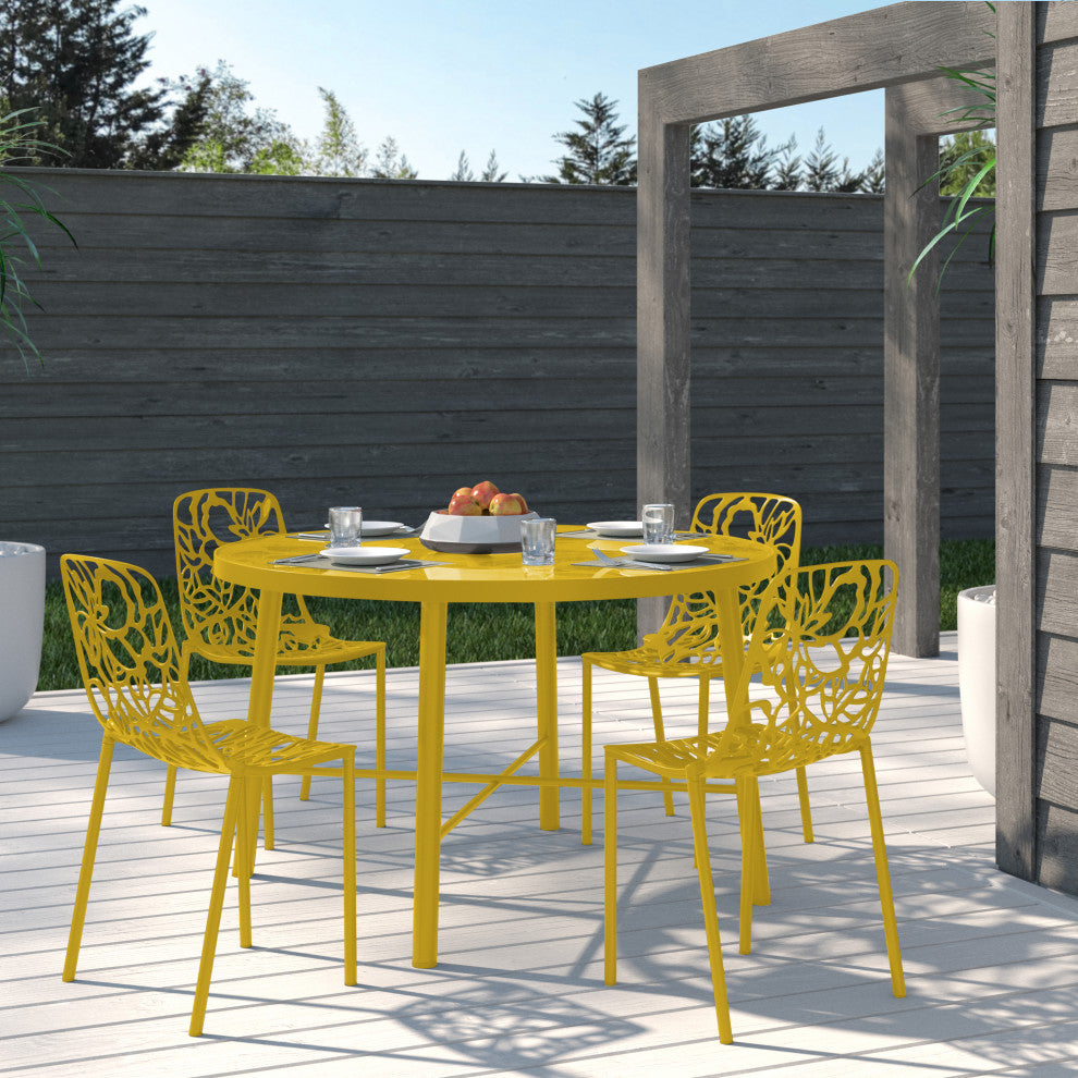 LeisureMod Devon Modern Outdoor Stackable Aluminum Dining Chair, Set of 4, Yellow