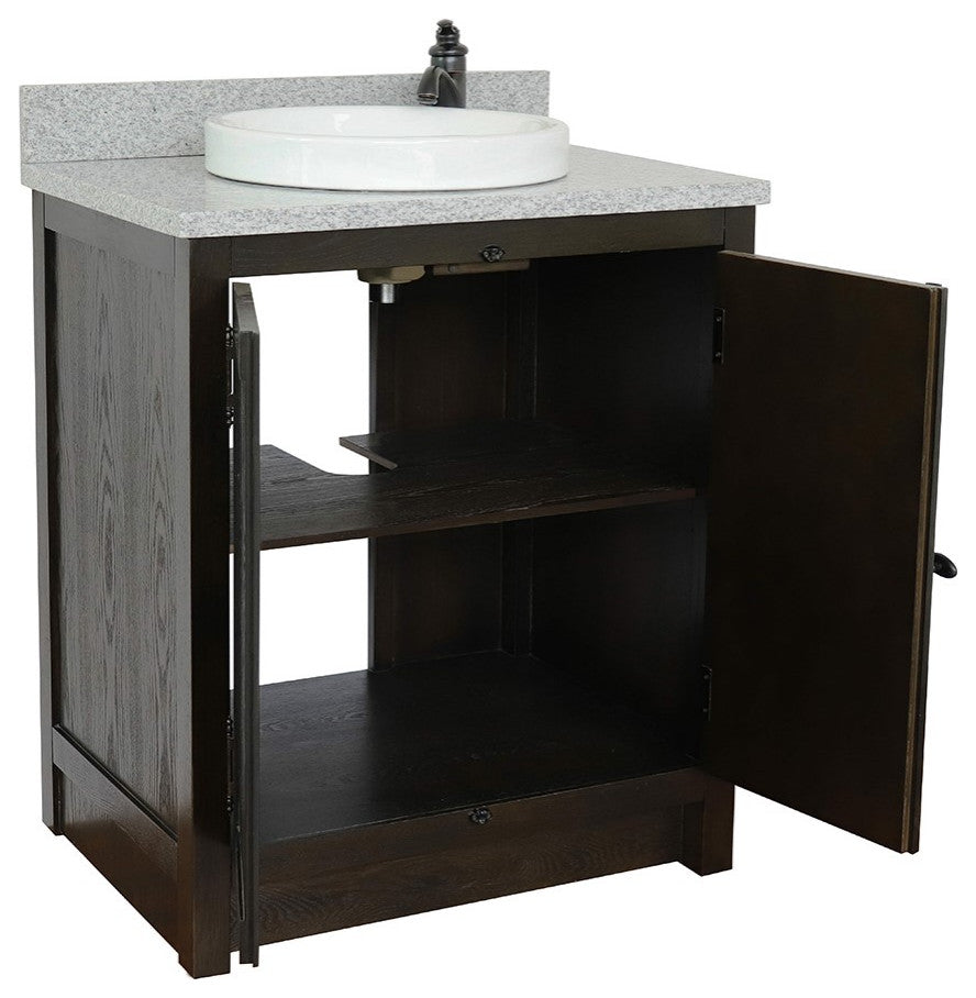 30" Single Vanity, Brown Ash, Gray Granite Top, Round Sink