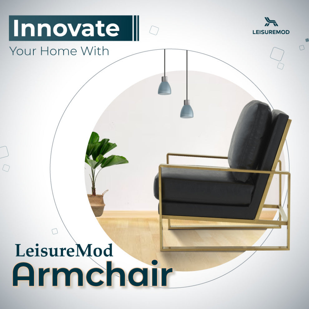 LeisureMod Jefferson Faux Leather Accent Armchair With Gold Frame, Black