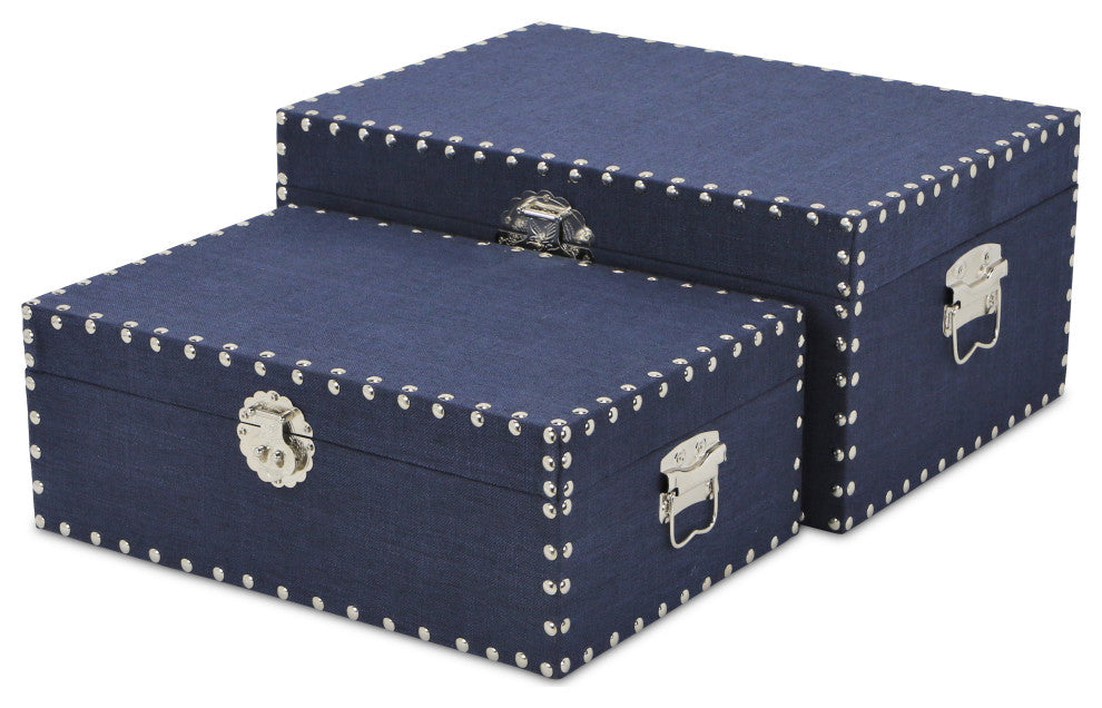 Linen Studded Keepsake Boxes, Navy, Set of 2