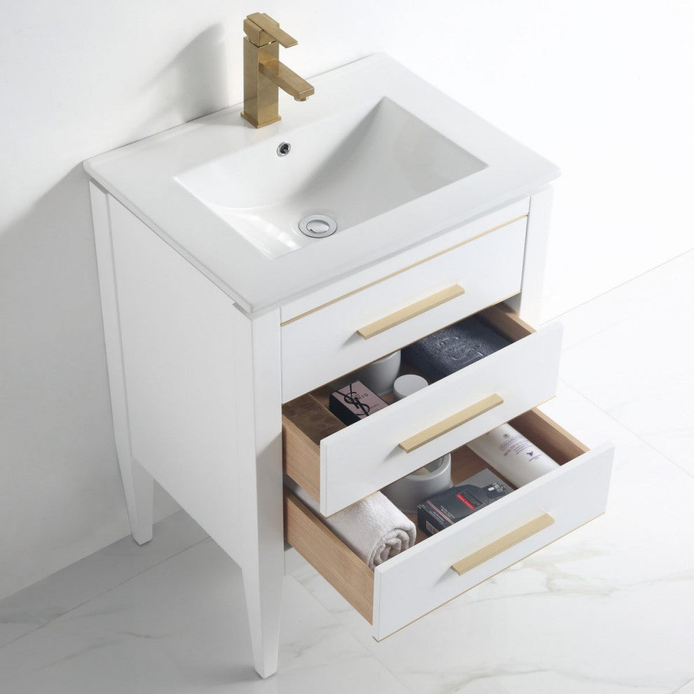 Grace 24" Single Bathroom Vanity Set, White With Brass Trim