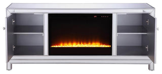 60" Mirrored Tv Stand With Crystal Fireplace Insert In Antique Silver