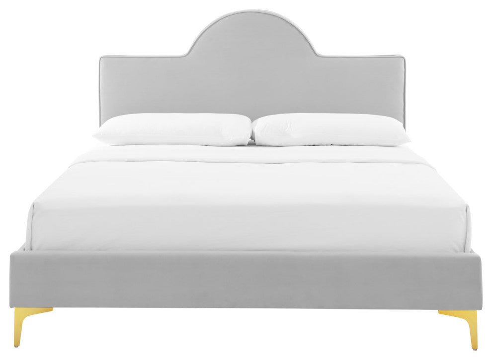 Platform Bed Frame, King Size, Gray, Velvet, Modern, Bedroom Guest Suite