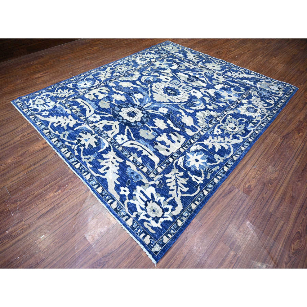 Byzantine Blue Peshawar With Mahal Design Wool Hand Knotted Rug, 8'2"x9'8"
