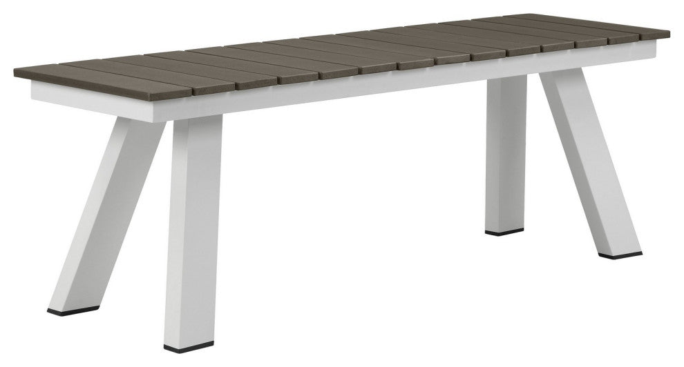 Benzara BM287849 Outdoor Dining Bench, Gray Polyresin Top, White Aluminum Frame