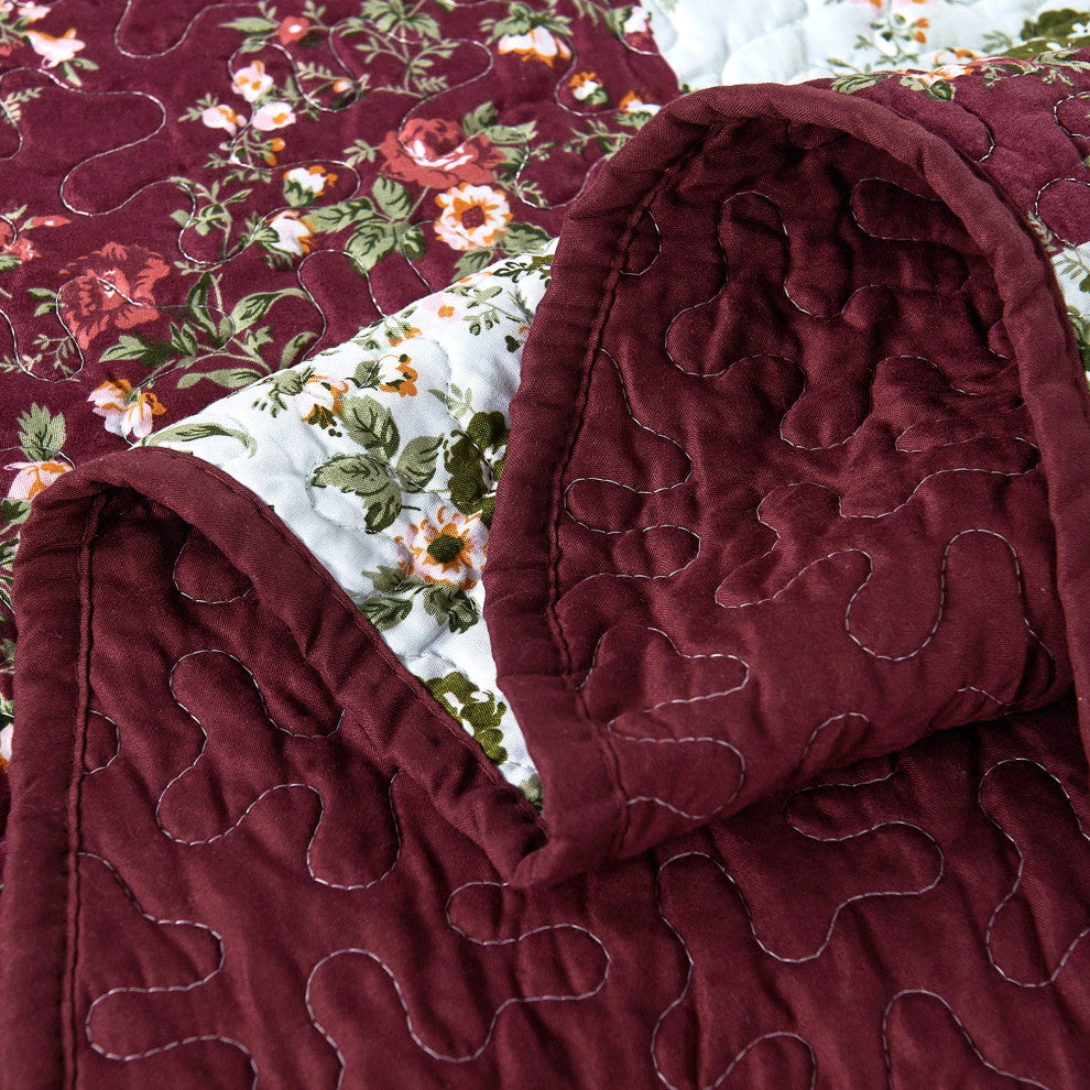 Patchwork Quilted 8-Piece Bed Spread Coverlet Set, Burgundy, Queen