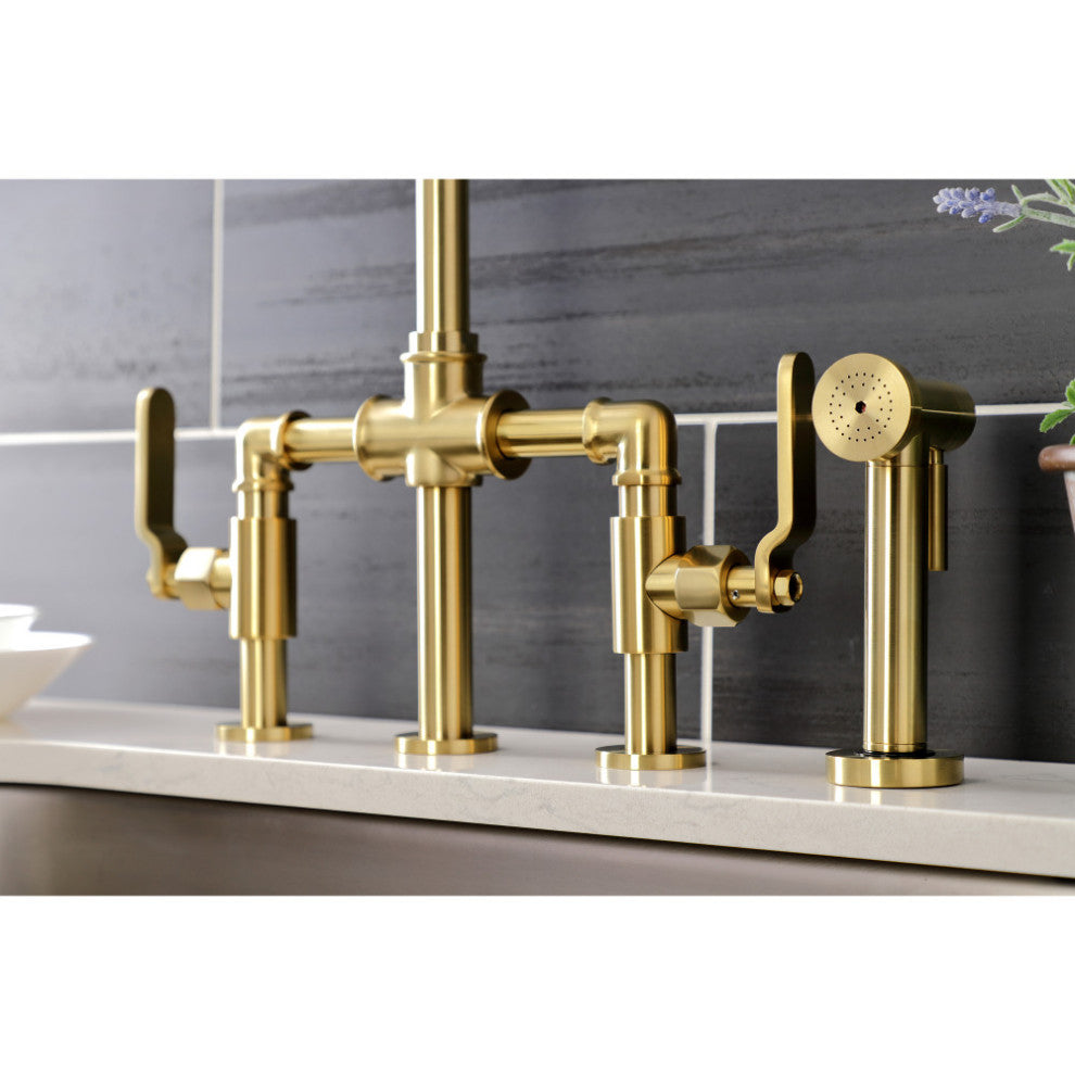 KS2337KL Industrial Style Bridge Kitchen Faucet and Brass Sprayer, Brushed Brass